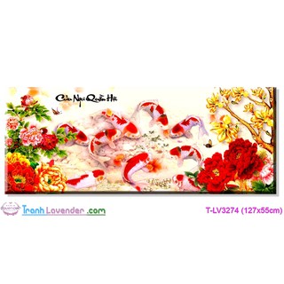 [T-LV3274]Tranh thêu chữ thập Con cá Cửu  Ngư Quần Hội (127x55cm)