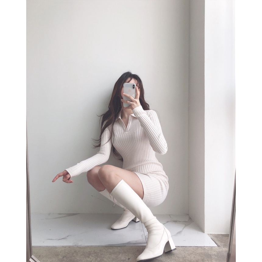 Đầm body len gân dài tay cổ polo co giãn, đầm bodycon polo phong cách sexy tôn dáng