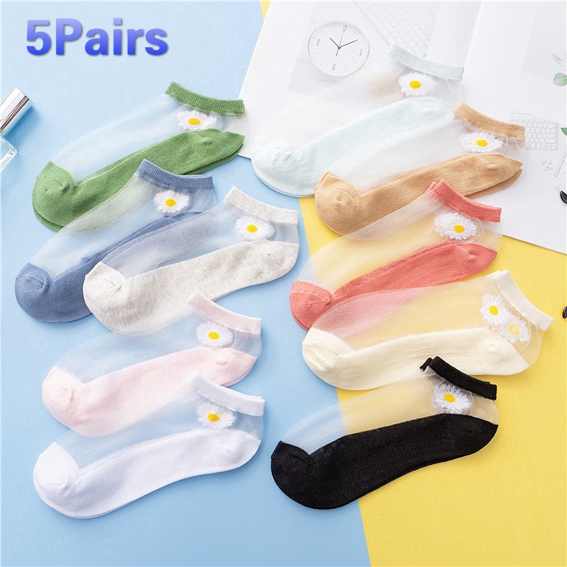 Set 5 Đôi Vớ Lưới Xuyên Thấu Họa Tiết Hoa Cúc Xinh Xắn Dành Cho Nữ