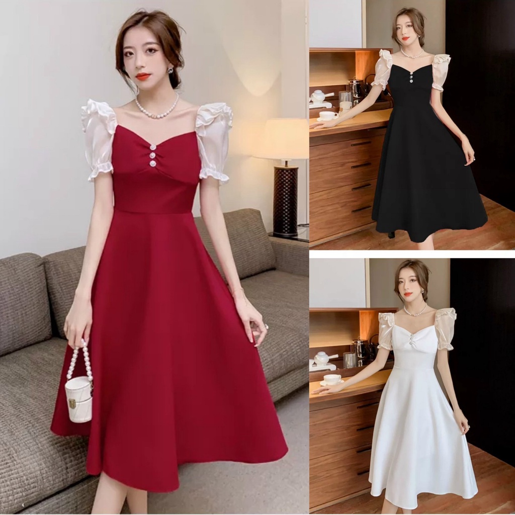 Đầm váy nữ tay phồng nhún bèo phối voan kiếng siêu xinh với 3 màu chủ đạo sang chảnh dành cho các nàng đi chơi, dạo phố