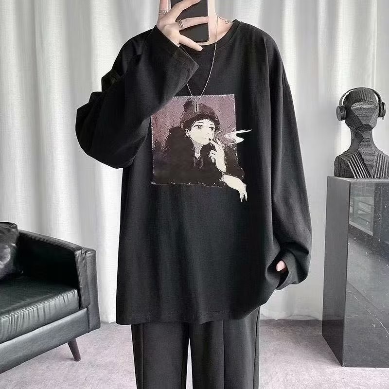 Áo Thun Tay Dài Cổ Tròn Dáng Rộng In Họa Tiết Hoạt Hình Phong Cách Hip Hop Hàn Quốc Thời Trang Cho Nam Size M-5XL