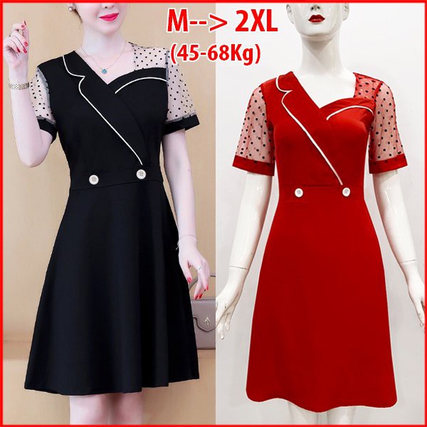 GOTI - Đầm Xòe Công Sở Thanh Lịch Kiểu Váy Cổ Vest Cách Điệu Phối Tay Chấm Bi Đính Nút 3295