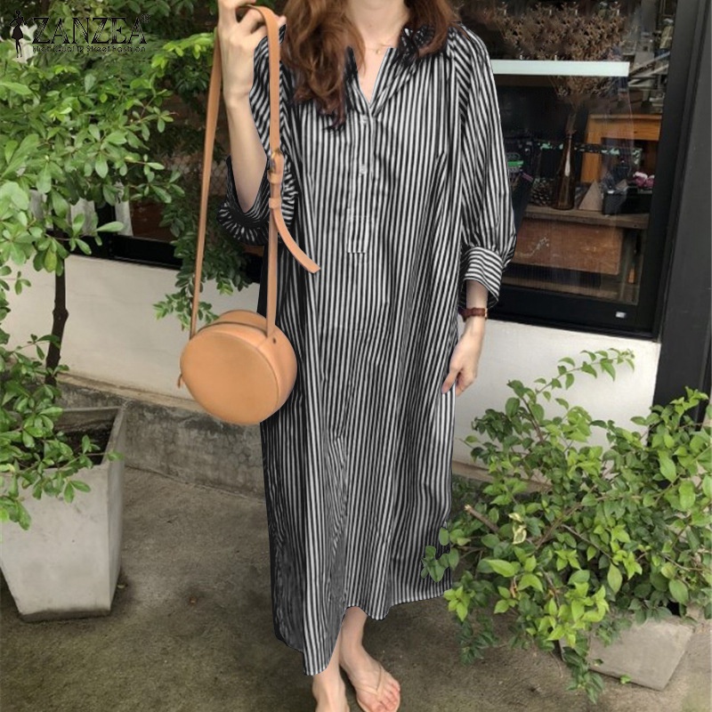 Đầm dài Zanzea tay 3/4 cổ tròn xẻ tà kẻ sọc thời trang dành cho nữ