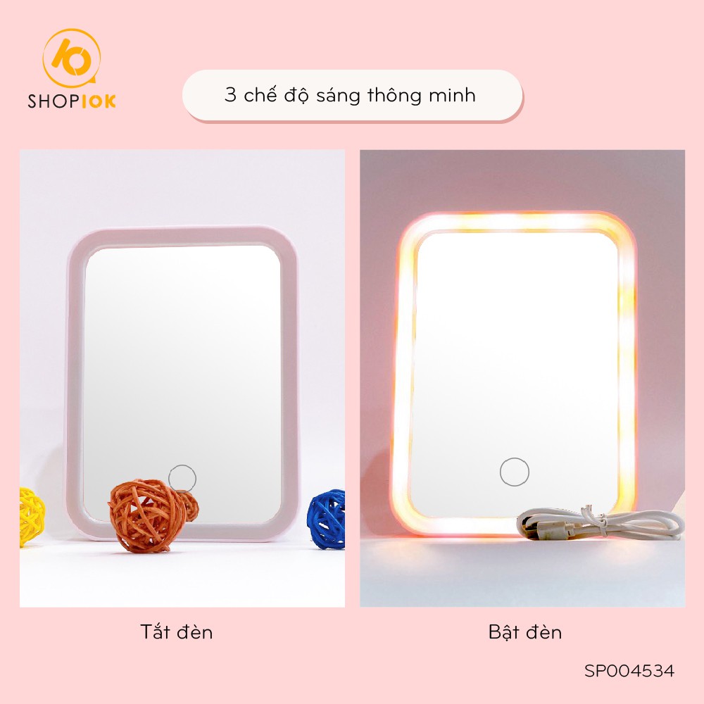 Gương soi trang điểm để bàn hình chữ nhât có đèn led cảm ứng kèm kính lúp SHOP10K - SP004534