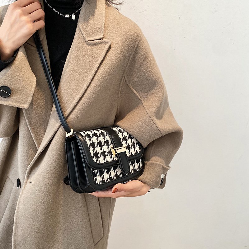 Túi đeo chéo hình vuông cỡ nhỏ họa tiết houndstooth đơn giản phong cách phương Tây sành điệu IELGY