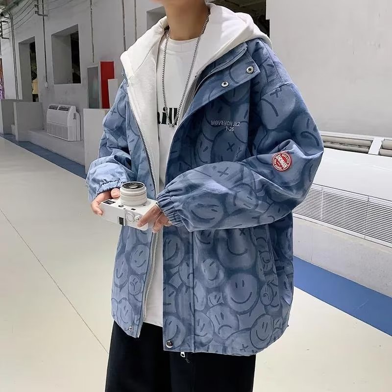 Áo Khoác Giả 2 Lớp Có Mũ Trùm Dáng Rộng Phong Cách Harajuku Thời Trang Mùa Thu Cho Nam