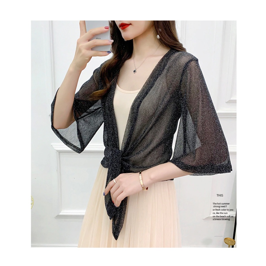 Áo cardigan khoác mỏng tay lỡ thắt nơ mặc kèm áo váy hai dây | BigBuy360 - bigbuy360.vn