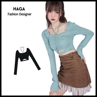 Áo croptop dài tay HAGA áo thun chun eo dây rút rúm ngực ACERN63