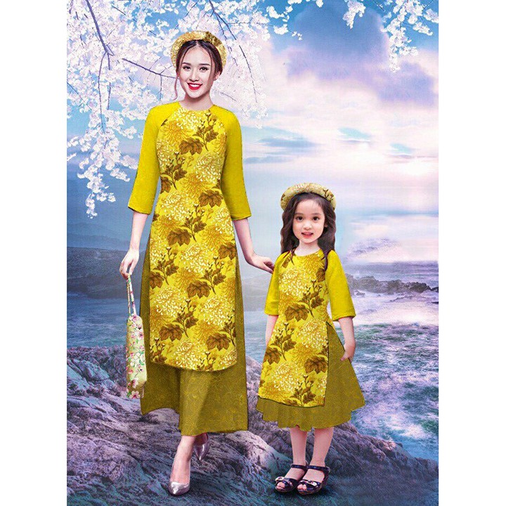 ⚡️ có big size 2XL ⚡️ AD242 Set Áo Dài Cách Tân MẸ VÀ BÉ họa tiết hoa lá màu vàng