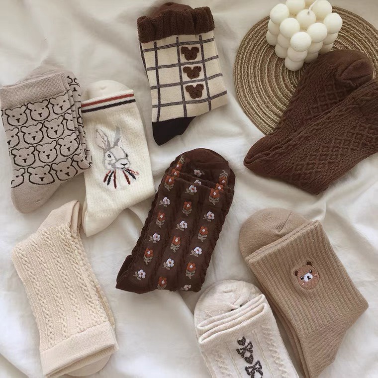 Set 3 Đôi Tất cổ cao, vớ cổ cao nữ họa tiết hình gấu vải cotton co giãn thời trang Hàn Quốc