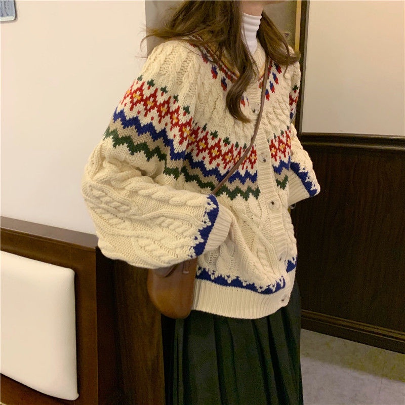 Áo khoác cardigan tay dài dáng rộng in họa tiết sọc màu cầu vồng phong cách thu đông cho nữ