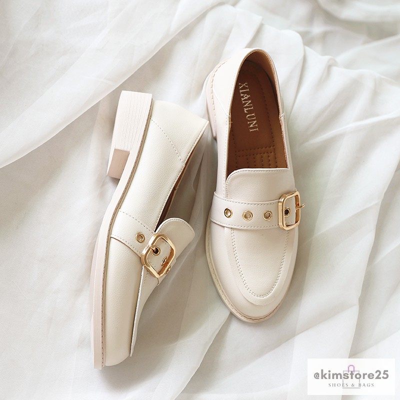 Giày Da Nữ Oxford Kiểu Anh Hai Màu Trắng Đen Mũi Tròn, Giày Lười Loafer Đế Bằng Thời Trang