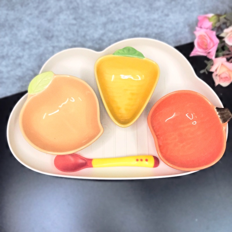 Set chén bát sứ ăn dặm cao cấp dành cho bé kèm khay mây, tặng kèm thìa báo nóng