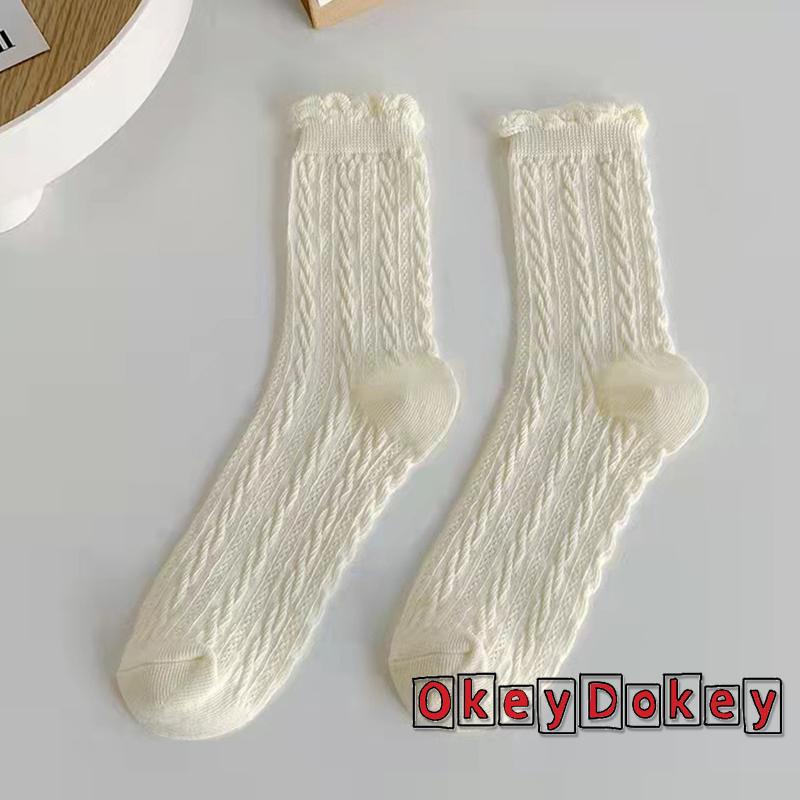 Tất cotton ống cao trung bình phối ren thấm hút mồ hôi thời trang thu đông cho nữ