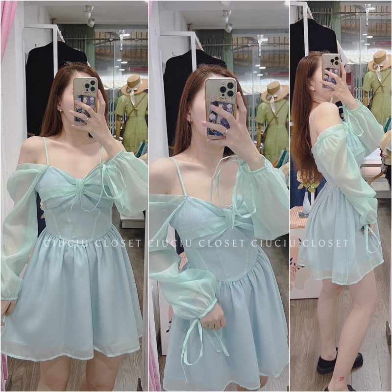 Đầm Xanh 2Dây Trễ Vai Nơ Ngực Xanh Mint/Trắng Vải Đẹp 2 Lớp