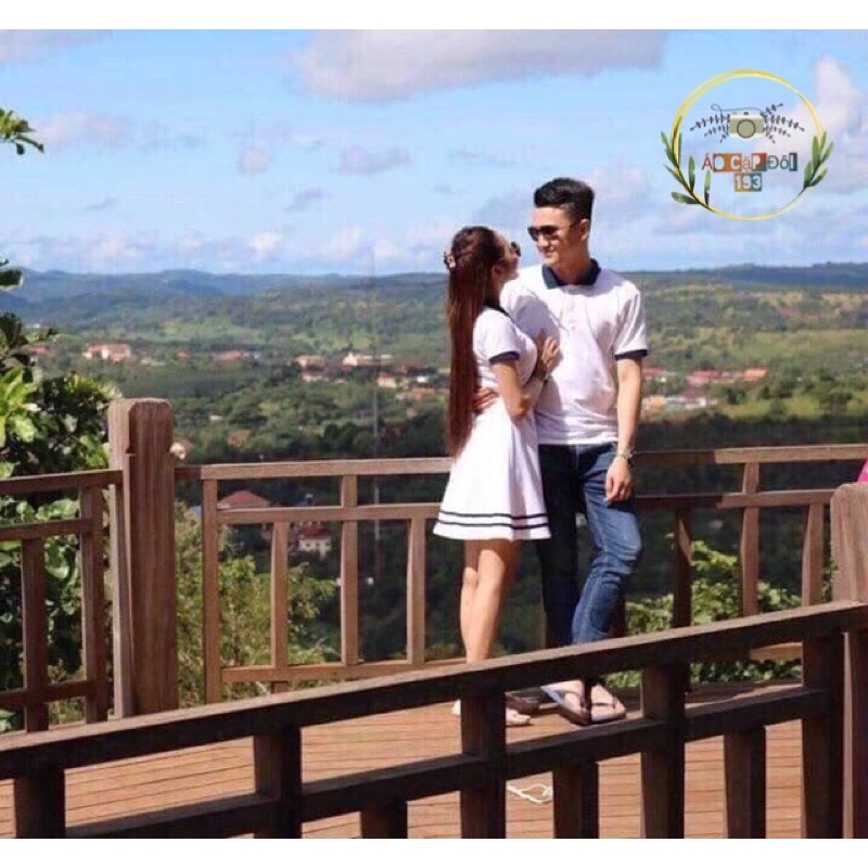 Áo đôi: Đầm thun polo dáng xoè viền xanh + Áo thun polo nam