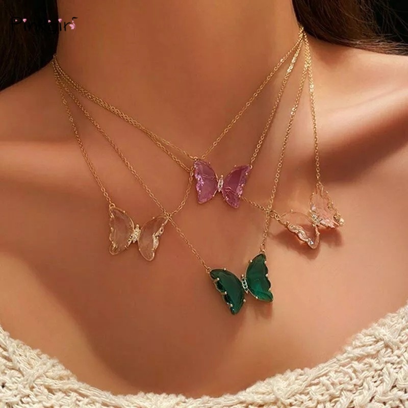 Vòng cổ hợp kim mặt hình bướm trong suốt đính đá xinh xắn cho nữ