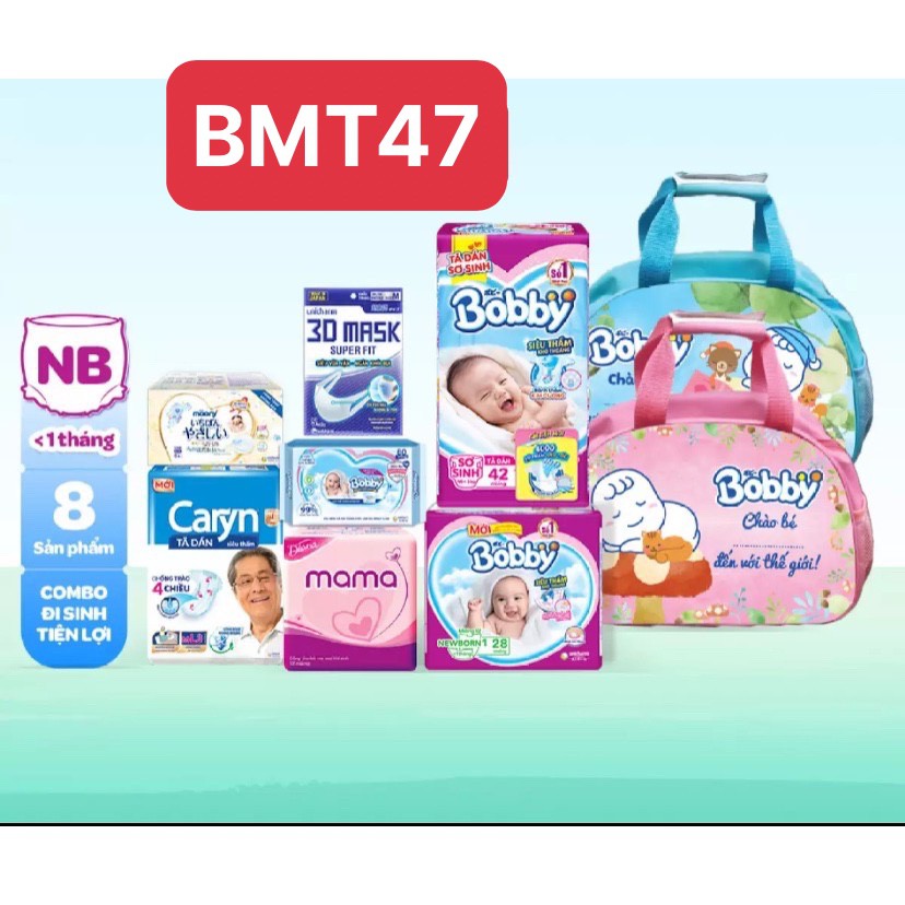 Miếng lót Bobby 1-28,tã dán Bobby XS42, khăn ướt Bobby 100, BVS Mama 12m, tã dán Caryn 3m, túi mẹ bé