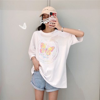 Áo thun tay lỡ hàng quảng châu form giấu quần in họa tiết bướm cam