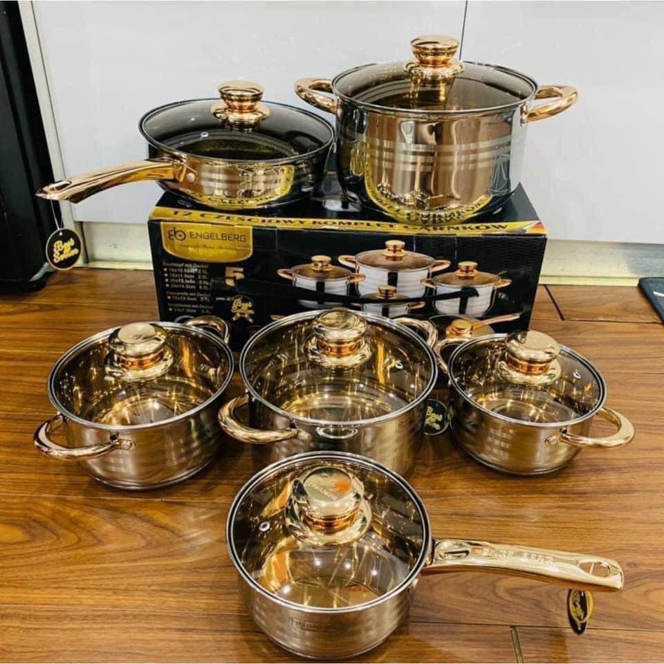 Bộ nồi inox , bộ nồi Đức hoàng gia ANGELBERG 6 món 12 chi tiết (loại 1) nâng tầm giá trị căn bếp của bạn