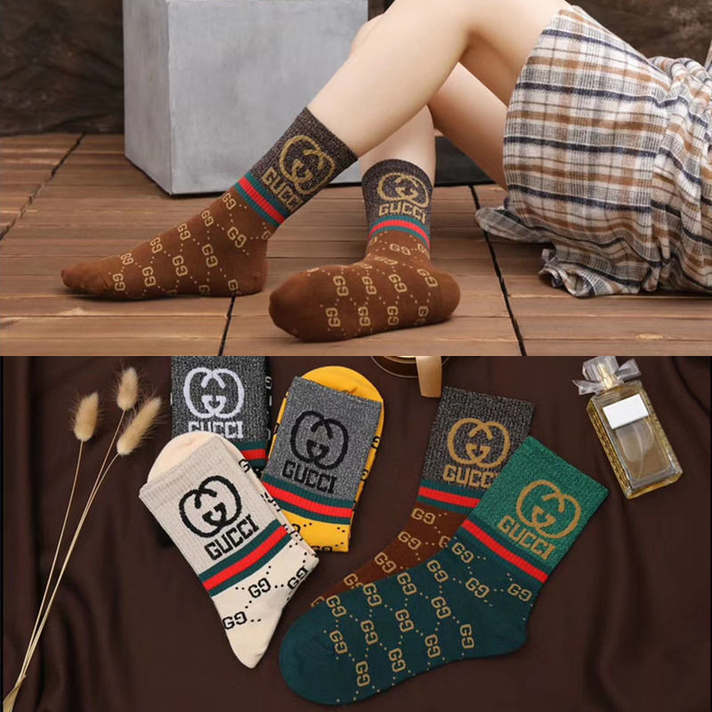 Set 5 Đôi Vớ Dài 100% Cotton Lụa In Họa Tiết Gucci Phong Cách Harajuku Hàn Quốc Dễ Thương Dành Cho Nữ