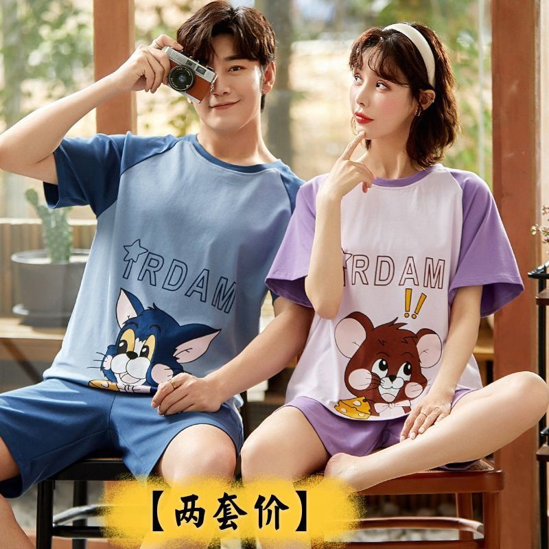 Bộ Đồ Ngủ 2 Món Áo Tay Ngắn + Quần Short Bằng Cotton In Họa Tiết Dễ Thương Thời Trang Mùa Hè Cho Cặp Đôi