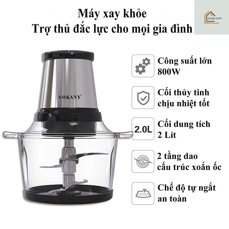 Máy xay thịt _máy xay đa năng Sokany 7004A cối thủy tinh siêu chắc chắn công suất lớn 800W Hàng chính hãng BH 12 tháng