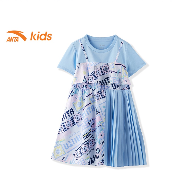 Váy liền thời trang bé gái họa tiết thổ cẩm thương hiệu Anta Kids 362138383, chiết eo, chất mát, co giãn nhẹ