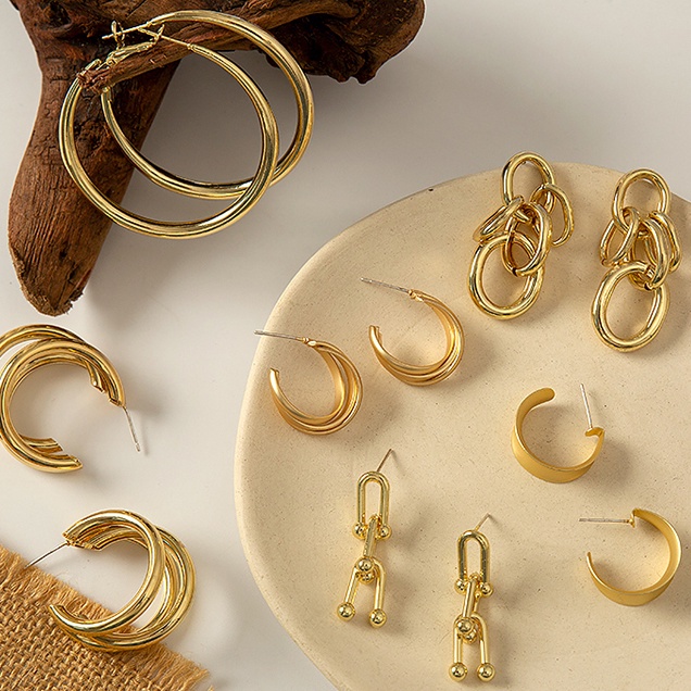 Set 3 Khuyên Tai Kim Loại Thanh Lịch