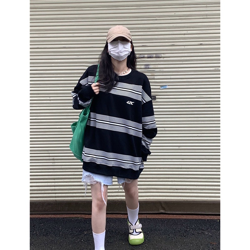 Áo sweater nữ form rộng hàn quốc 2021, áo sweater nữ nỉ dài tay sọc ngang đen trắng