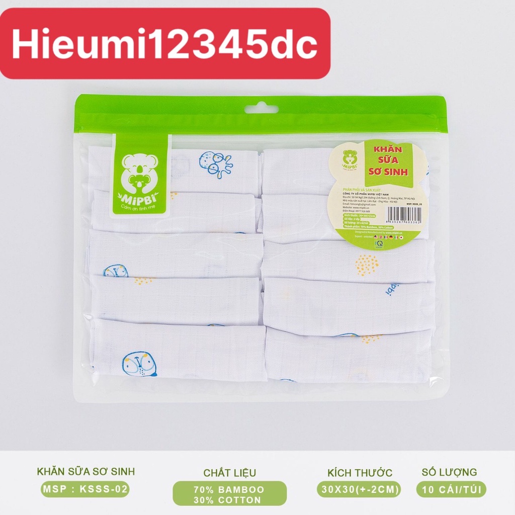 Túi 10 KHĂN SỮA SƠ SINH MIPBI DẠNG Ô VUÔNG NHỎ Chất liệu 70% bamboo + 30% cotton