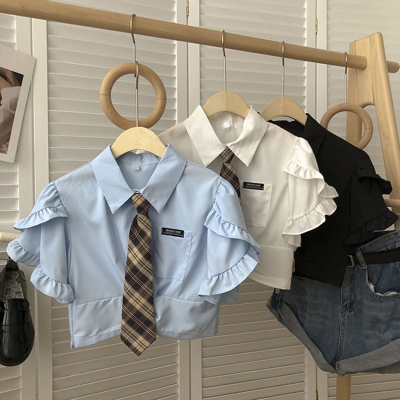 Áo Kiểu Tay Ngắn Phối Bèo Và Cà Vạt Thời Trang Mùa Hè Xinh Xắn Cho Nữ