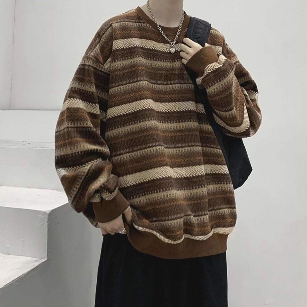Áo Sweater Dáng Rộng Cổ Tròn Họa Tiết Kẻ Sọc Phong Cách Vintage Hàn Quốc Cho Nam
