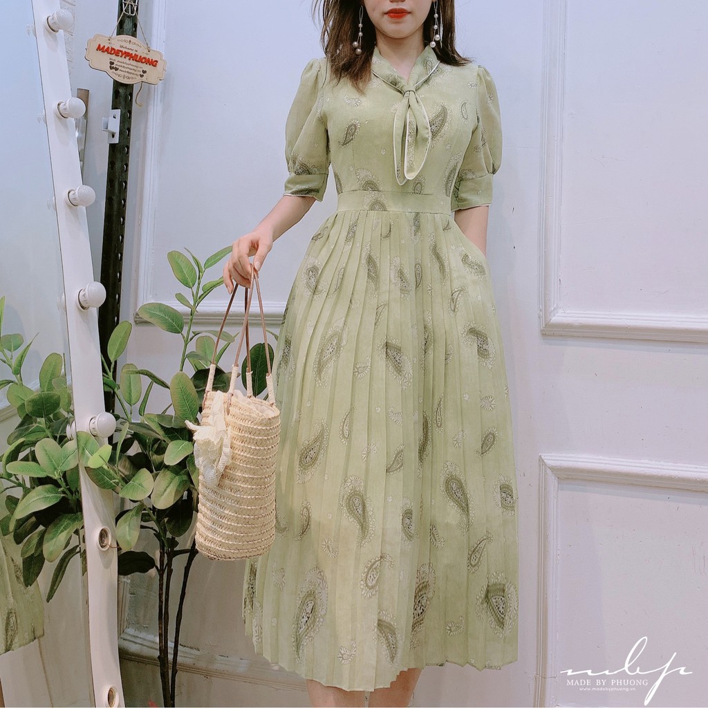 Đầm cổ nơ viền lé trắng