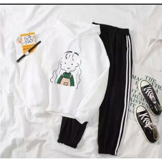 Bộ áo hoodie nỉ bông mix quần 3 sọc bo gấu cá tính