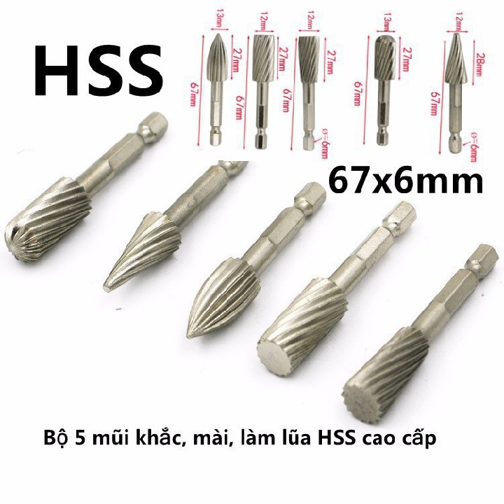 Bộ 5 mũi khắc, mài, làm lũa HSS cao cấp