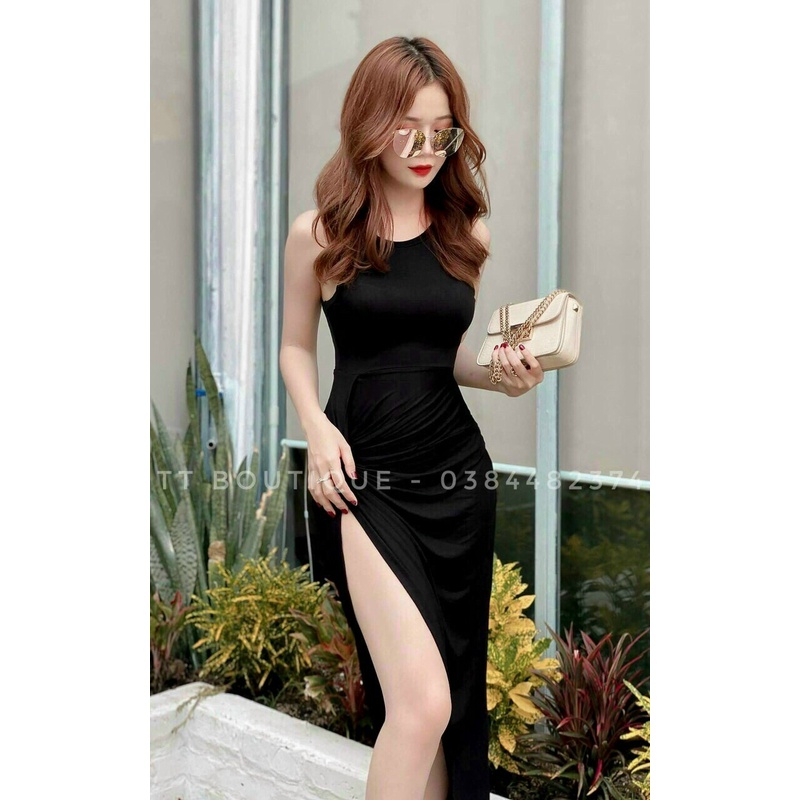 Đầm váy ôm body xẻ tà xoắn tùng 2 màu sắc (Đen, nâu) thời trang nữ dạo phố, dự tiệc