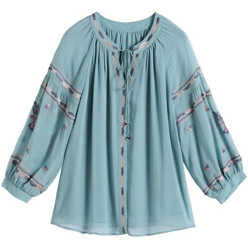 Chiffon  Shirt, Women's tops, 3/4 sleeved printing shirt, Temperament loose creative clothes, Size M-3XL, Blue, OL commute style【lyfs】