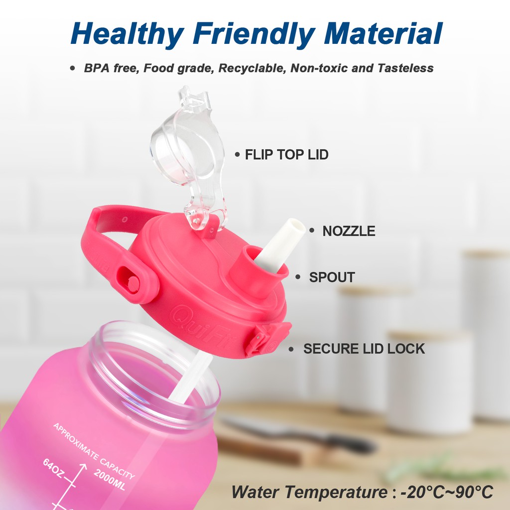 Bình uống nước QuiFit có nắp lật và ống hút không chứa BPA phong cách thể thao dung tích 2L