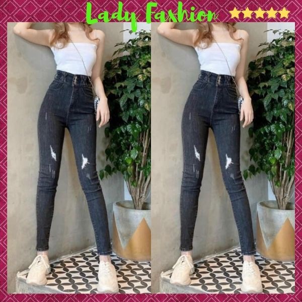 Quần Jean Nữ Lưng Cao 💖FREESHIP💖 Quần Bò Nữ Mẫu Mới Phối Rách Cá Tính Thời trang Chuẩn Hàng Shop Lady Fashion - QJNU7