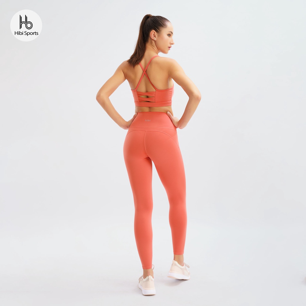 Set đồ tập yoga gym Luxury Hibi Sports H140 đan hai nơ bản to, màu Cam kèm mút ngực, chất vải cao cấp Lu Fabric