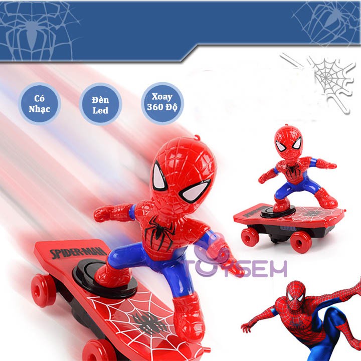 Đồ chơi người nhện lướt ván có đèn và nhạc xoay 360 độ toysem spiderman - Quà tặng sinh nhật cho bé