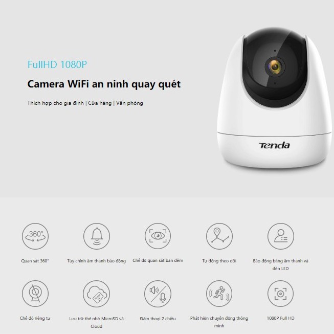 Camera IP Wifi Tenda CP3 Full HD 1080P 360° -  Đàm Thoại 2 Chiều - Hỗ Trợ Tiếng Việt - Báo Động -Phân Phối Chính Thức