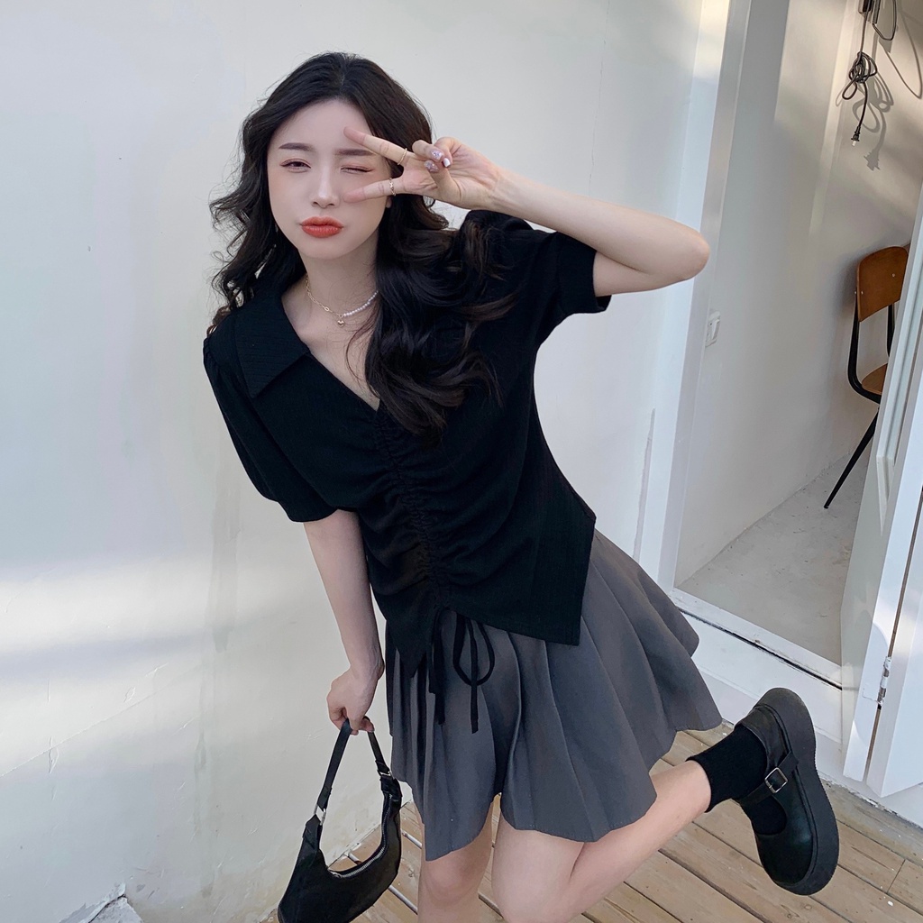 Áo polo Ngắn Tay Cổ Chữ V Dáng Ôm Phối Dây Rút Thời Trang Mùa Hè Cho Nữ