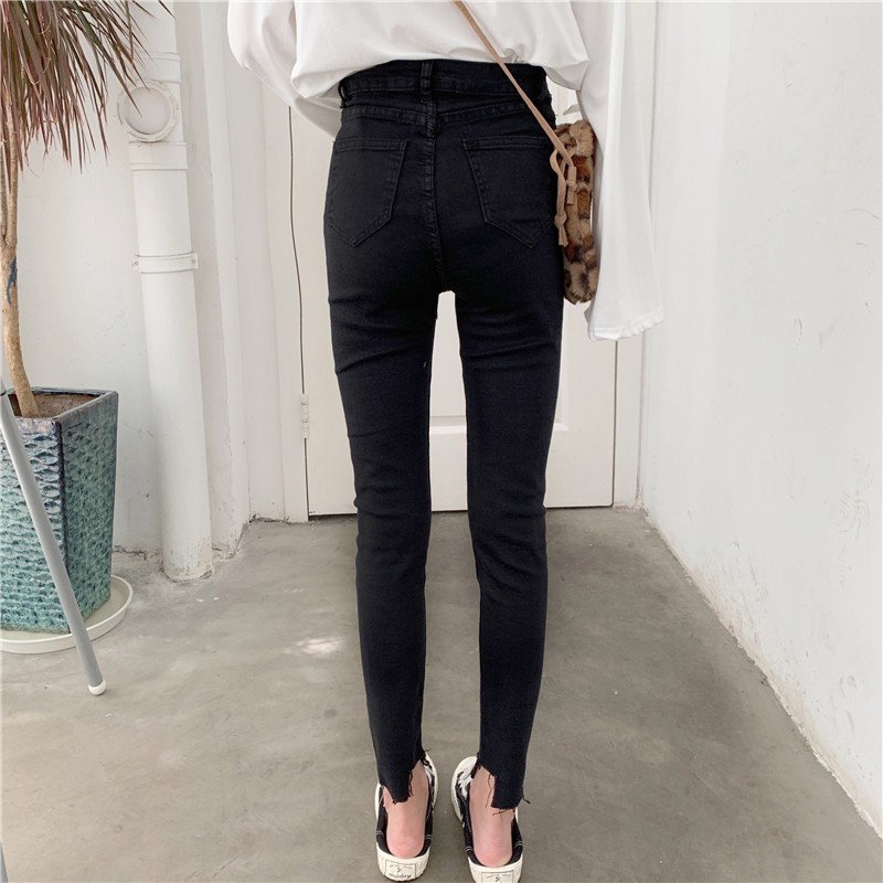 QA14_Quần jeans bó màu đen rách gối ulzzang