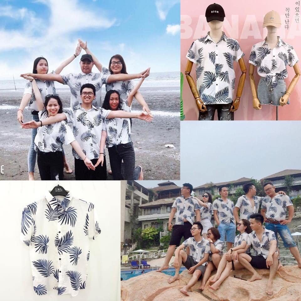 Áo sơ mi hoa lá đi biển, sơ mi đi biển họa tiết hawaii, sơ mi nhóm lớp tơ đũi lá kim cực đẹp