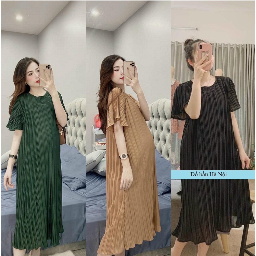 Đầm bầu xếp ly - Váy 2 lớp kín đáo - Chất voan lụa mềm, nhẹ, mát