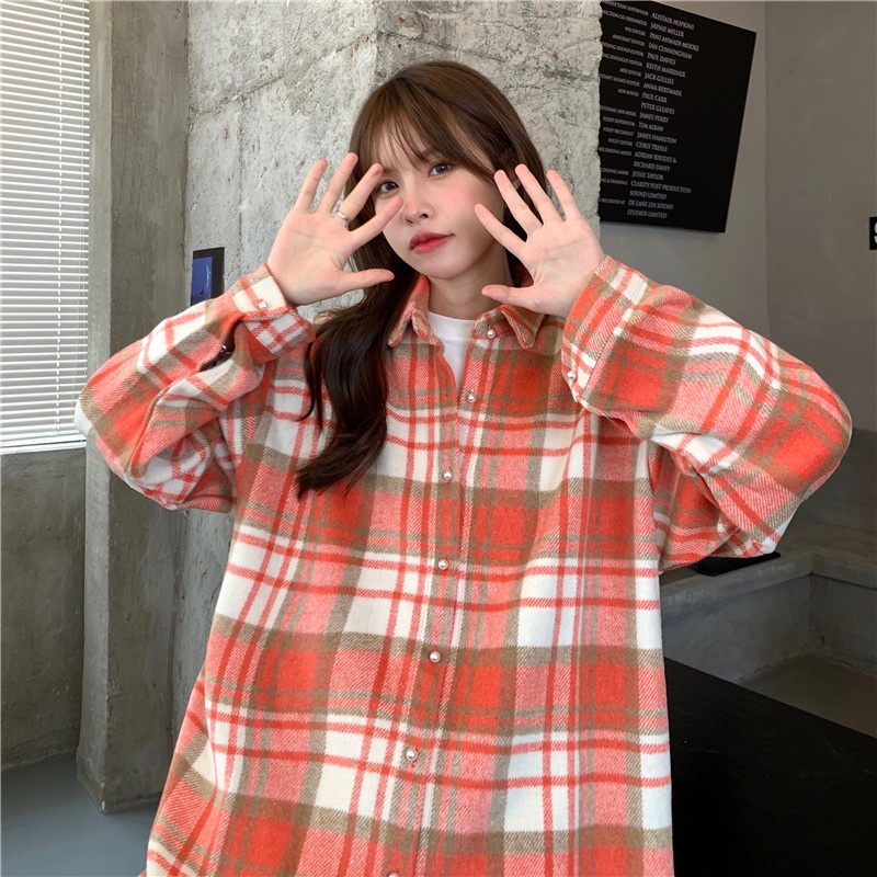 Áo sơ mi tay dài dáng rộng họa tiết caro phong cách Hàn Quốc thời trang cho nữ