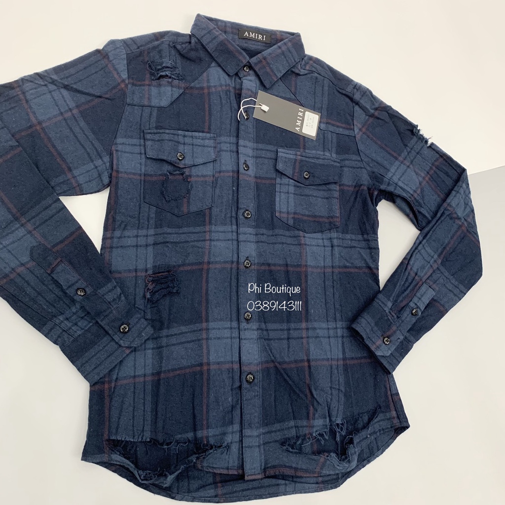 Sơ Mi Kẻ Nam Dài Tay Pha Rách Xước Màu Xanh Thẫm Chất Cotton Cao Cấp