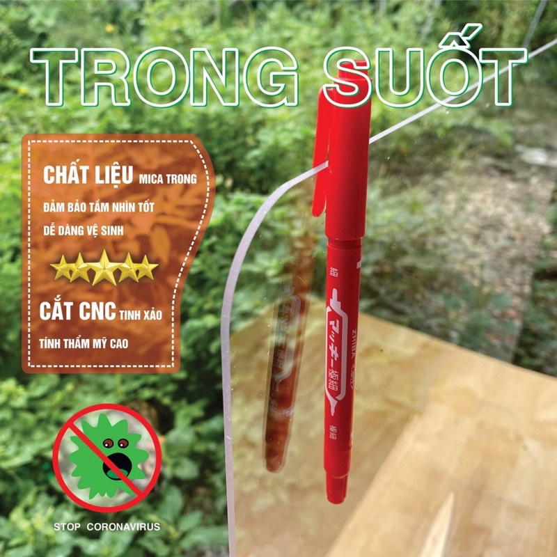 Tấm chắn Mika chống bắn giọt, bụi bẩn, ngăn vi khuẩn vi rút, kích thước vuông 60 trong xuốt